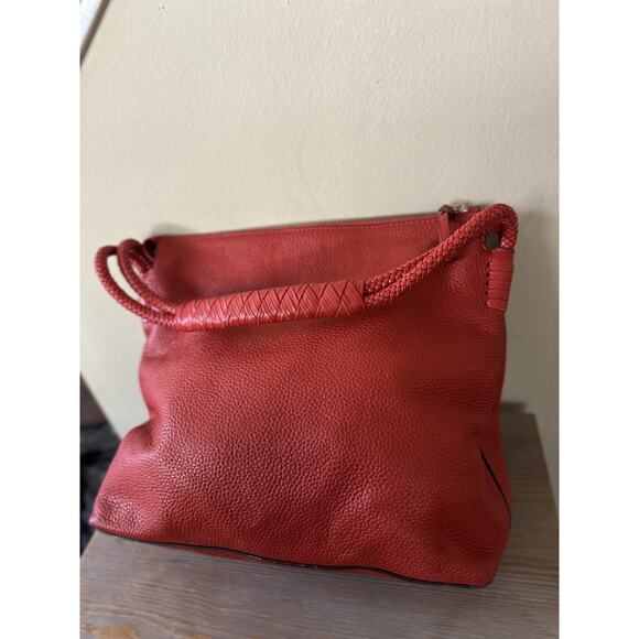 Tory Burch Leather Shoulder Bag Womens Red Braided Handle Hobo Pebbled Logo Zip - Picture 6 of 12